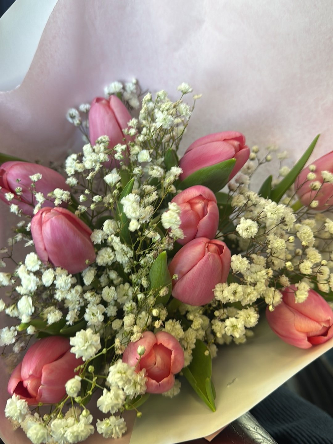 Bouquet de tulipes roses et de gypsophile